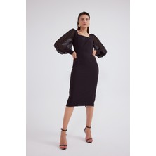 Sateen Şifon Kol Krep Elbise - Siyah
