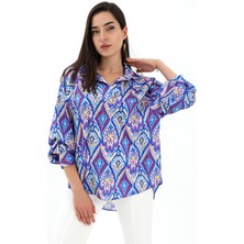 Vapur Reglan Kol Baskılı Saten Gömlek - Mavi