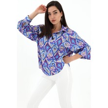 Vapur Reglan Kol Baskılı Saten Gömlek - Mavi