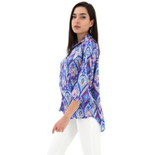 Vapur Reglan Kol Baskılı Saten Gömlek - Mavi