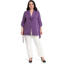 Disentis Modest Büyük Beden Şal Yaka Kendinden Kuşaklı Katlamalı Kollu Mor Ceket