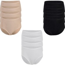 Yıldız Kadın 12'li Paket Ribana Çizgili Yüksek Bel Bato Külot