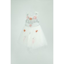 Oppland Kız Çocuk Butik Gelinlik Kostüm 1-2-3-4 Yaş Simli Zeytindallı ve Rengarenk Güllü Kuyruklu Elbise