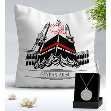 BK Kişiye Özel Kabe Temalı Yastık ve Kabartmalı Silver Ayetel Kürsi Kolye Seti