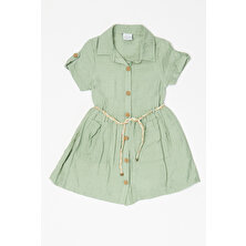 Kidsev Kız Çocuk Yeşil Düz Bayramlık Elbise
