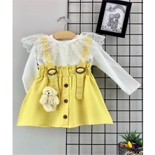 Podium Giyim Kız Çocuk Tül Yakalı  Ayıcıklı Askılı Çan Etek Takım Sarı