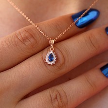Lacivert Beyaz Taşlı Minimal Anturaj Damla Gümüş Kolye Küpe Takım