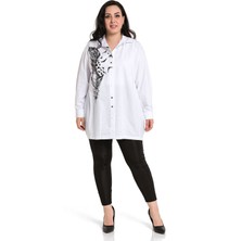 Disentis Modest Büyük Beden Yaprak Baskılı Yarım Balon Kalıp Eteği Dikişli Beyaz Gömlek