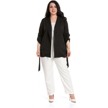 Disentis Modest Büyük Beden Şal Yaka Kendinden Kuşaklı Katlamalı Kollu Siyah Ceket