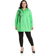 Disentis Modest Büyük Beden Yaprak Baskılı Yarım Balon Kalıp Eteği Dikişli Yeşil Gömlek