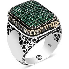 Gumush Gümüş Yeşil Zirkon Taşlı Kare Erkek Yüzük