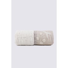 Ecocotton Ayliz El Yüz Havlusu  Organik Pamuk Keten Bordürlü El Nakışlı Krem 50X90 cm