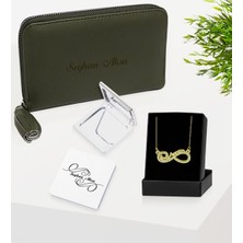 BK Kişiye Özel İsimli Haki Deri Kadın Cüzdan Cep Aynası ve Sonsuzluk Annem Kolye Seti