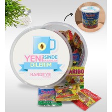 BK Kişiye Özel İsimli Yeni İşinde Başarılar Tasarımlı Dev Boy Haribo Minis Kovası Model 4 100 x 10 gr