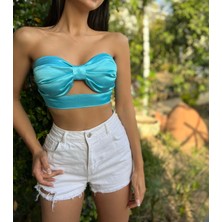 Mukk Design Studio Kadın Mavi Saten Büstiyer Crop Top Bluz