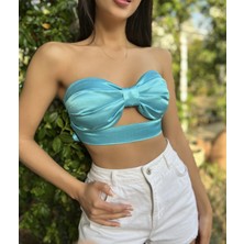 Mukk Design Studio Kadın Mavi Saten Büstiyer Crop Top Bluz