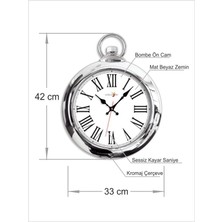 M3 Decorium Parlak Gümüş Nikelajlı Çerçeve Siyah Romen Rakkamlı Beyaz Zemin Bombe Cam Köstekli 42 cm Duvar Saati