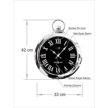 M3 Decorium Parlak Gümüş Kromajlı Çerçeve Beyaz Romen Rakkamlı Siyah Zemin Bombe Cam Köstekli 42 cm Duvar Saati