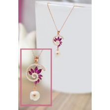 925 Ayar Gümüş Rose Kaplama Pembe Taşlı Tasarım Sedef Manolya Çiçeği Kolye 