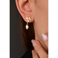  925 Ayar Gümüş Gold Kaplama Pembe Inci Sallantılı Zirkon Taşlı Frezya Çiçeği Küpe