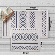 Nuvomon Bluenity Hat Doğal Pamuk 2'li Banyo Paspası - Lacivert - 50x60 cm + 60x100 cm