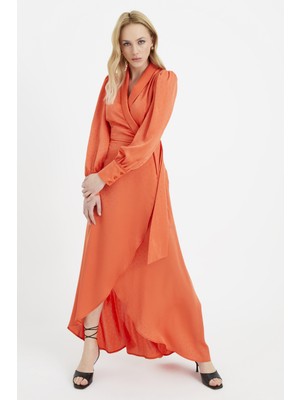 Sateen Puantiye Desenli Saten Elbise - Oranj