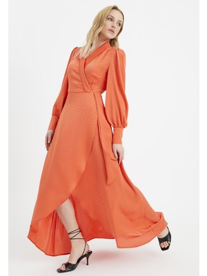 Sateen Puantiye Desenli Saten Elbise - Oranj