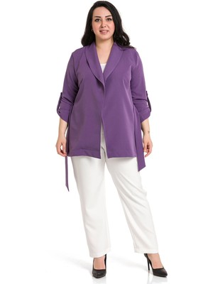 Disentis Modest Büyük Beden Şal Yaka Kendinden Kuşaklı Katlamalı Kollu Mor Ceket