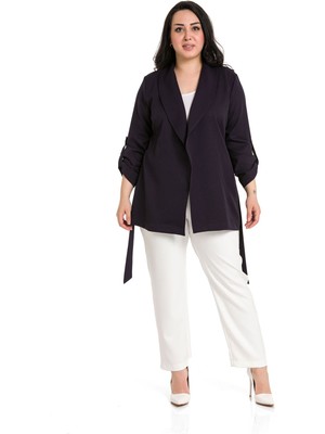 Disentis Modest Büyük Beden Şal Yaka Kendinden Kuşaklı Katlamalı Kollu Lacivert Ceket