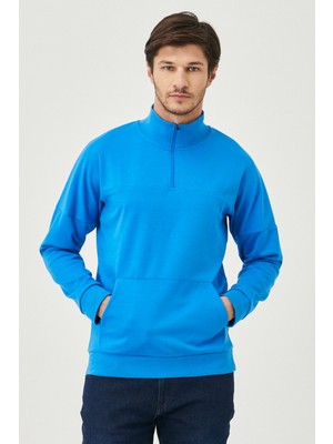 ALTINYILDIZ CLASSICS Erkek Indigo Standart Fit Normal Kesim Dik Bato Yaka Fermuarlı Kanguru Cepli Sweatshirt