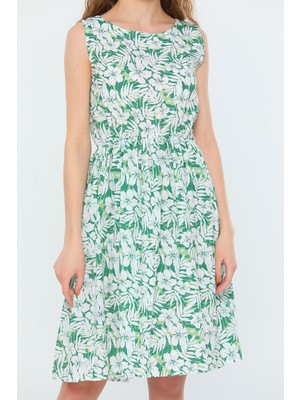 Julude Yeşil Kadın Sıfır Kol Bel Lastikli Desenli Yazlık Elbise