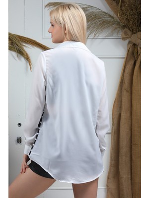 Julude Beyazsiyah Kadın Hafif Dökümlü Uzun Kollu Baskılı Gömlek