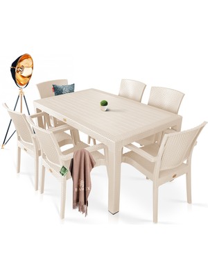 Bahex Rattan Masa Takımı 90 x 150 Camsız Masa 6 Kişilik Sandalye Seti Bahçe Balkon Teras Takımı Krem