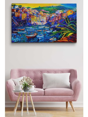 Dünyatablo Sahilde  Tekneleryağlıboya Görünüm Dekoratif Kanvas Duvar Tablosu