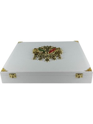 Tesbih Kardeşliği Beyaz Renk Koleksiyonluk 21'li Osmanlı Devlet Armalı Deri Tesbih Kutusu