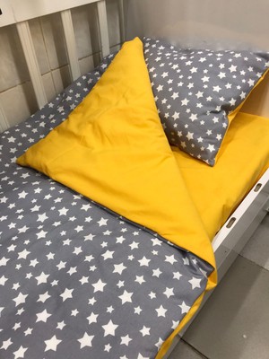 Bebek Özel Pamuk Bebek/çocuk Yastık Çarşaf Yorgan Seti Gri Yıldızlı/hardal Sarısı
