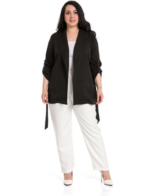 Disentis Modest Büyük Beden Şal Yaka Kendinden Kuşaklı Katlamalı Kollu Siyah Ceket