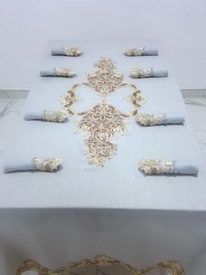 Finezza Henna Lüx Dantelli Simli Keten Kumaş Gri Masa Örtüsü ve Peçeteli Sofra Takımı 8 kişilik Dikdörtgen 160x230 cm 17 Parça - 1148