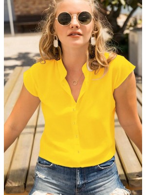 Rengamoda Dokuma Viskon Kumaş Gömlek(Sarı)