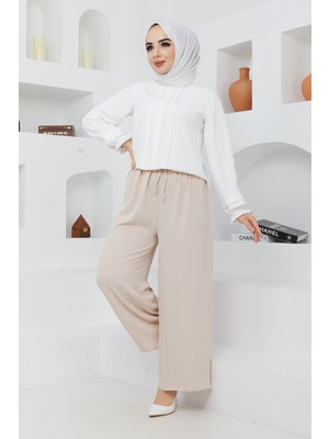 İmaj Butik Büyük Beden Geniş Paça Ayrobin Krep Pantolon/bej