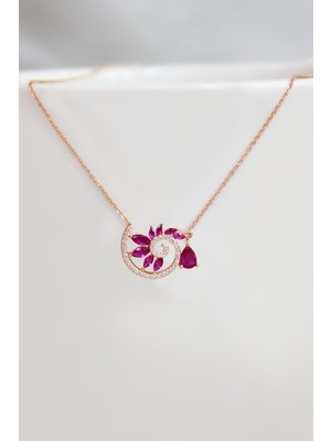 925 Ayar Gümüş Rose Kaplama Damla Pembe Taşlı Spiral Snail Tasarım Kolye