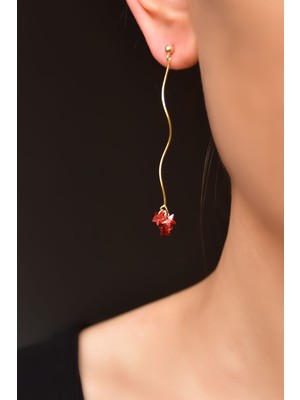 925 Ayar Gümüş Gold Kaplama Garnet Yıldız Zirkon Taşlı Dalgalı Zincir Sallantılı Küpe