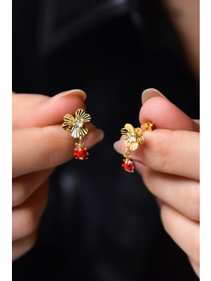 Papatya Silver 925 Ayar Gümüş Gold Kaplama Kristal Kesim Uğur Böcekli Frezya Çiçeği Küpe