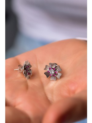 925 Ayar Gümüş Rodyum Kaplama Ekim Ayı Doğum Taşı Tohumlu Linum Çiçeği Küpe