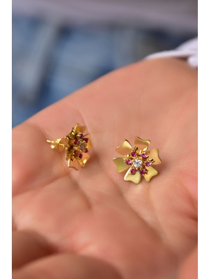  925 Ayar Gümüş Gold Kaplama Ekim Ayı Doğum Taşı Tohumlu Linum Çiçeği Küpe