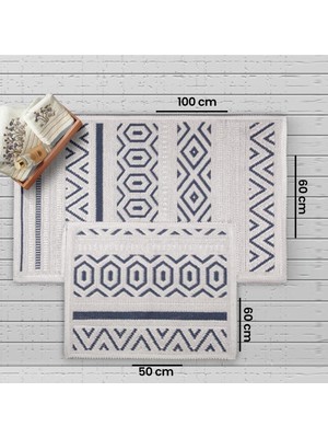 Nuvomon Bluenity Hat Doğal Pamuk 2'li Banyo Paspası - Lacivert - 50x60 cm + 60x100 cm