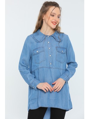 Julude Mavi Kadın Bebe Yaka Jean Gömlek Tunik