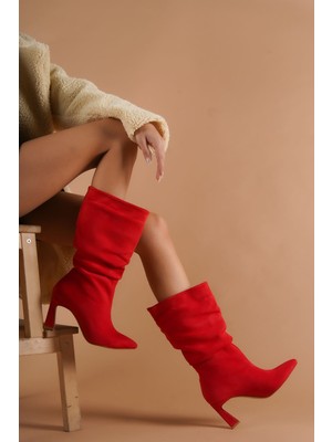 Moda Radikal Miconhe Kırmızı Süet Topuklu Kadın Ayakkabı