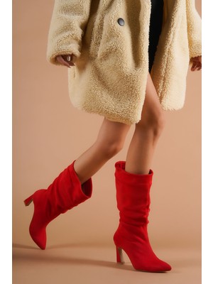 Moda Radikal Miconhe Kırmızı Süet Topuklu Kadın Ayakkabı