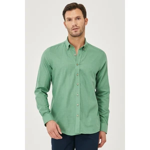 Altınyıldız Classics Erkek Haki Slim Fit Dar Kesim Düğmeli Yaka Keten Görünümlü %100 Pamuk Flamlı Gömlek